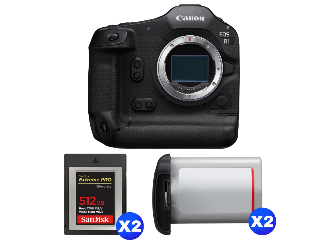 Eos R1 + 2 Sandisk 512gb Extreme Pro Cfexpress Type B + 2 Canon Lp e19 + Ebook “20 Dicas para Fotos Que Impressionam” CANON