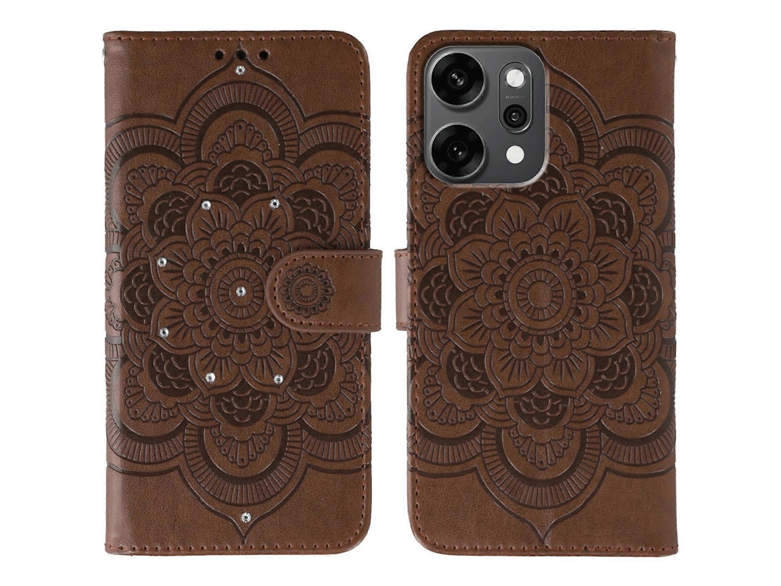 Capa Para Oppo Reno14 Pro 5g (global) Com Decoração Em Strass, Couro Sintético, Estampa De Mandala, Capa Para Celular Com Alça De Pulso Marrom