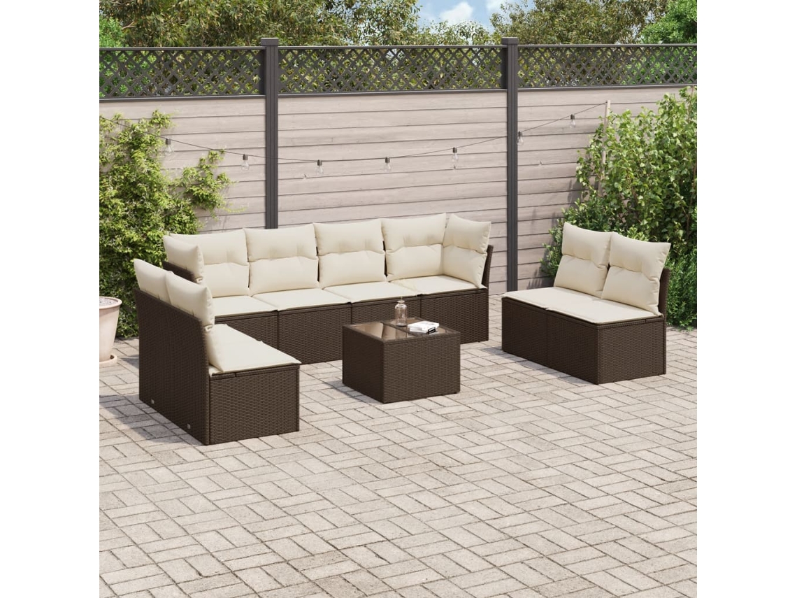 Vidaxl 9 Pcs Conjunto Sofás P/ Jardim C/ Almofadões Vime Pe Castanho