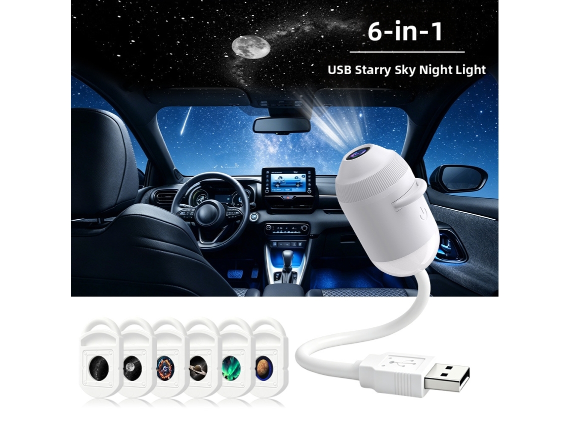 Luz Noturna de Projeção 2 em 1 com 6 Películas Deslizantes, Brilho Ajustável, Usb, para Carro Ou Casa CZHHMART