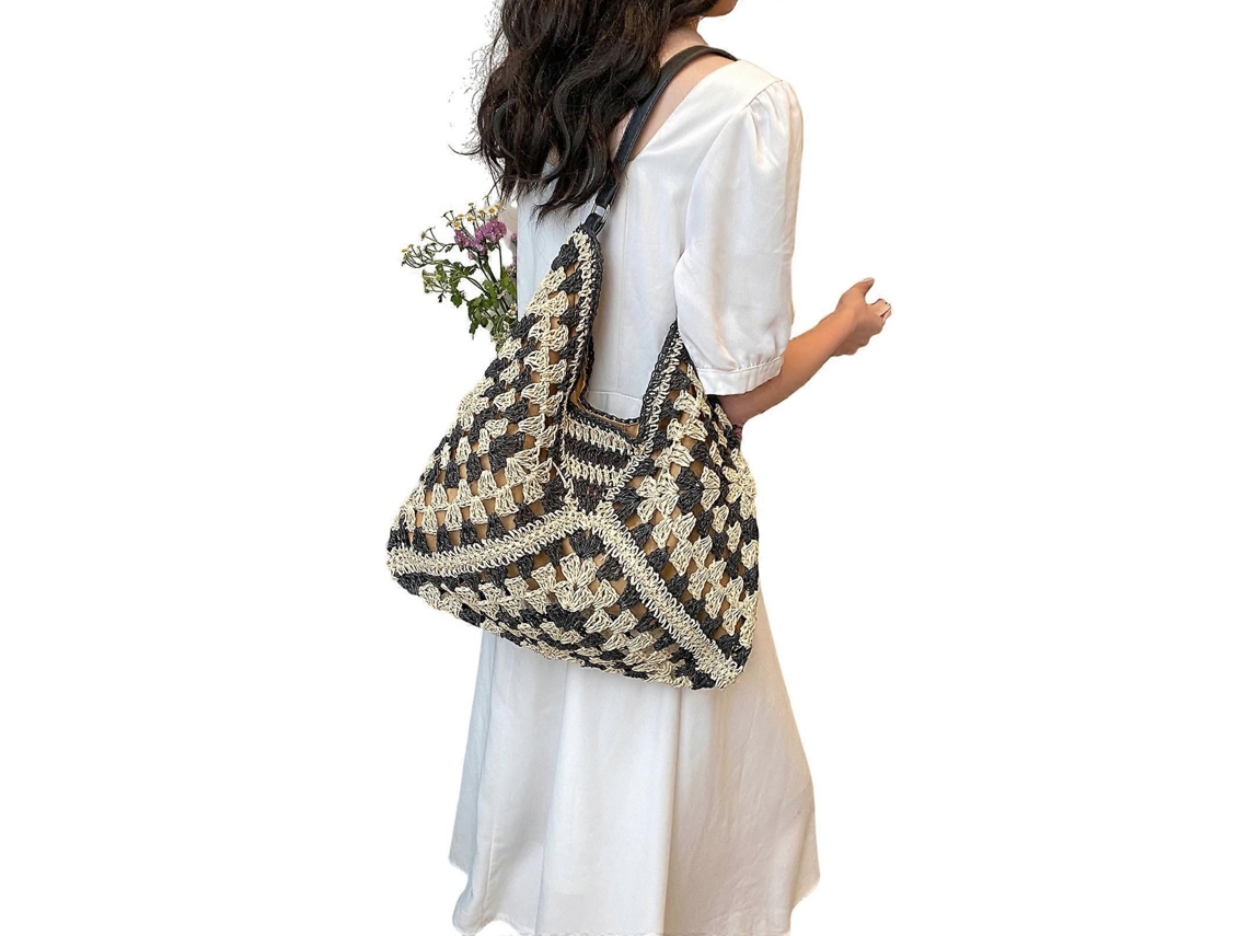 Bolsa de Praia Grande, Compras, Ombro Casual para Meninas e Mulheres, Palha Trançada, Tipo Saco Cáqui. GOKOCO