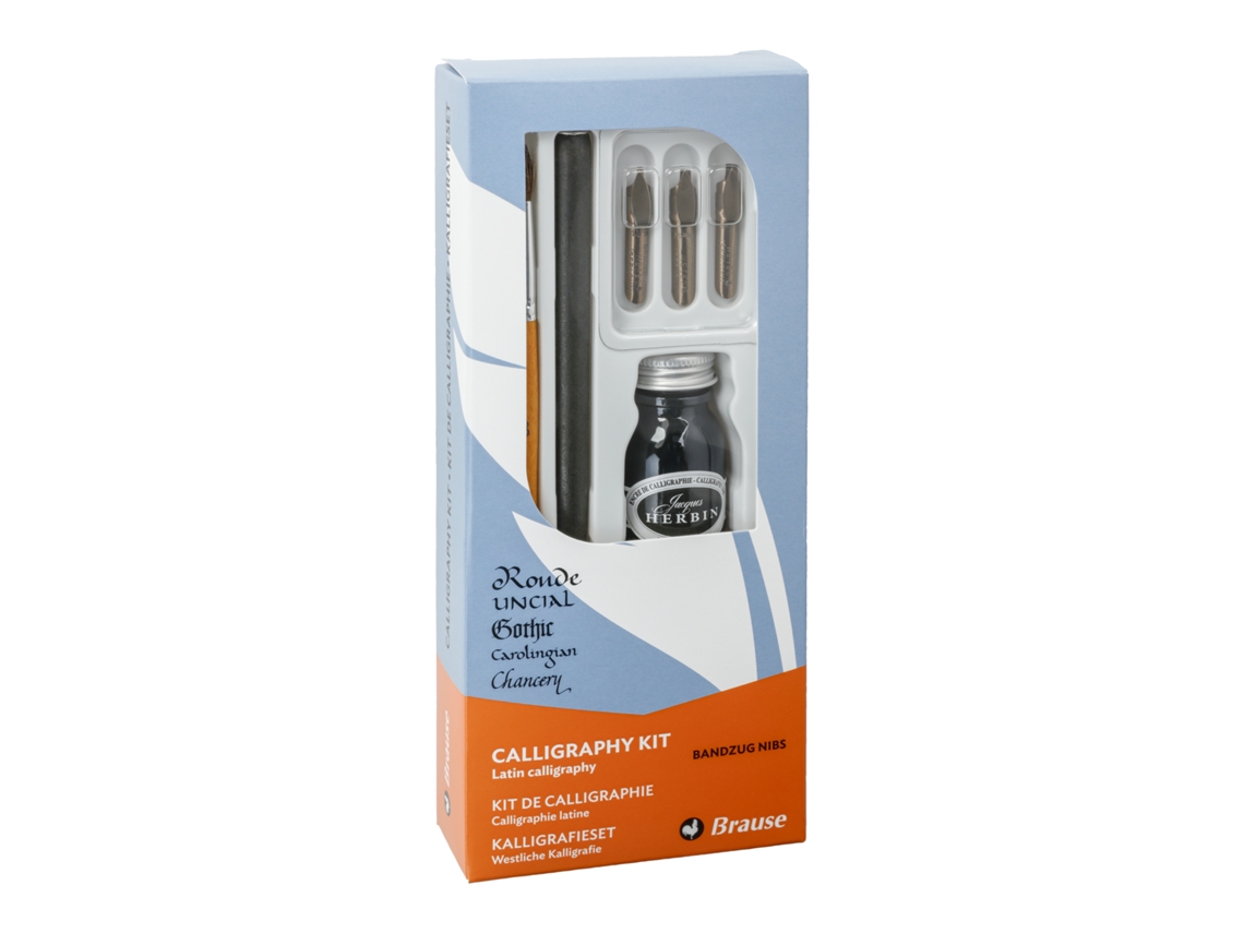 Kit de Caligrafia com 1 Suporte de Madeira para Aparos 3 Aparos Bandzug 1 Pincel e 1 Frasco de Tinta para Caligrafia BRAUSE