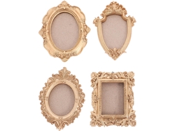 Conjunto De 4 Porta-retratos Decorativos De Parede Em Resina Dourada, Formatos Oval E Retangular.