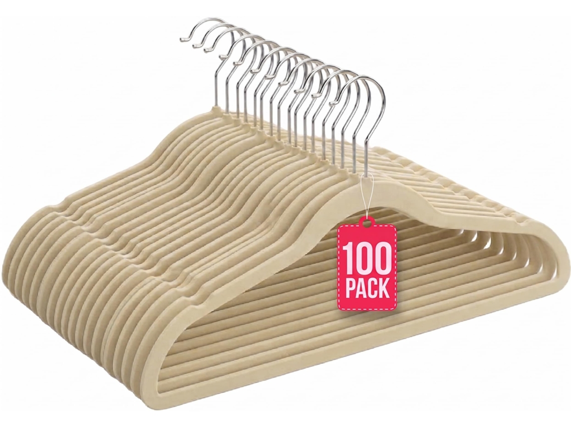 Cabides de Veludo Antiderrapantes Pack 100 Bege com gancho 360° COM-FORT HOUSE