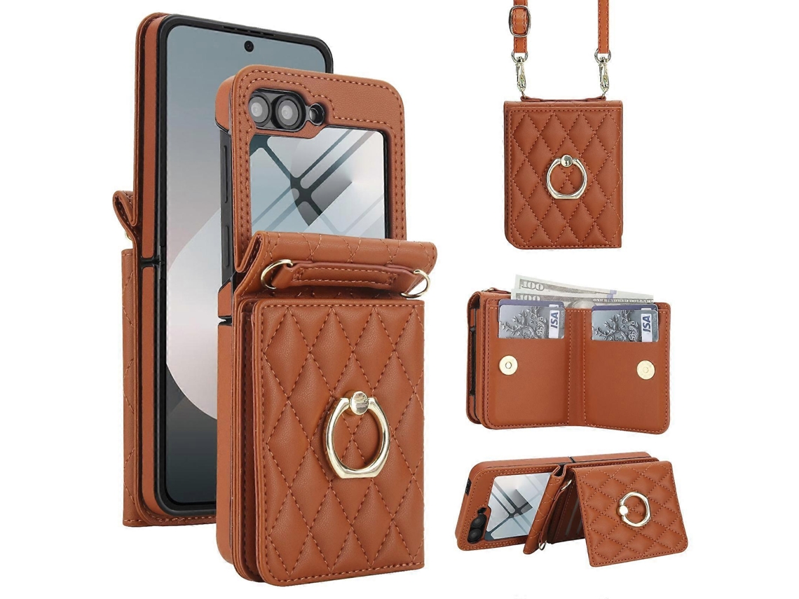 Capa Para Celular Samsung Galaxy Z Flip5 5g Com Textura Rômbica Integrada, Compartimento Para Cartão Rfid E Cordão Longo.