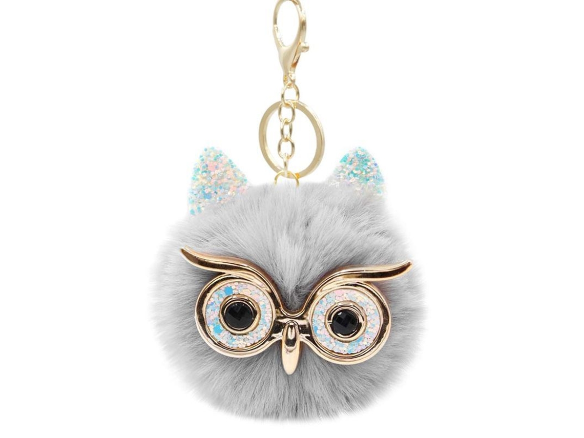 2026rebe llavero de Pom Pom de Pelo Falso Búho Puffball para Bolso Mochila Gris Con Clasp de Cangrejo
