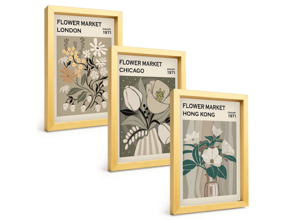 Galeria De Pinturas Muraismercados De Flores Londres Chicago Hong Kong Moldura Dourada Fotos Para O Escritório Espelharte (3 Peças 20x30 Cm)