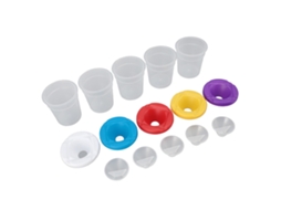 Conjunto de 5 copos de tinta infantis reutilizáveis e anti-derramamento, com cores vibrantes, ideais para salas de aula e outros espaços.