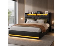 Cama De Casal 140x190 Cm Com Baú Hidráulico, Estrado De Ripas, Led E Usb, Pu Preto, Sem Colchão