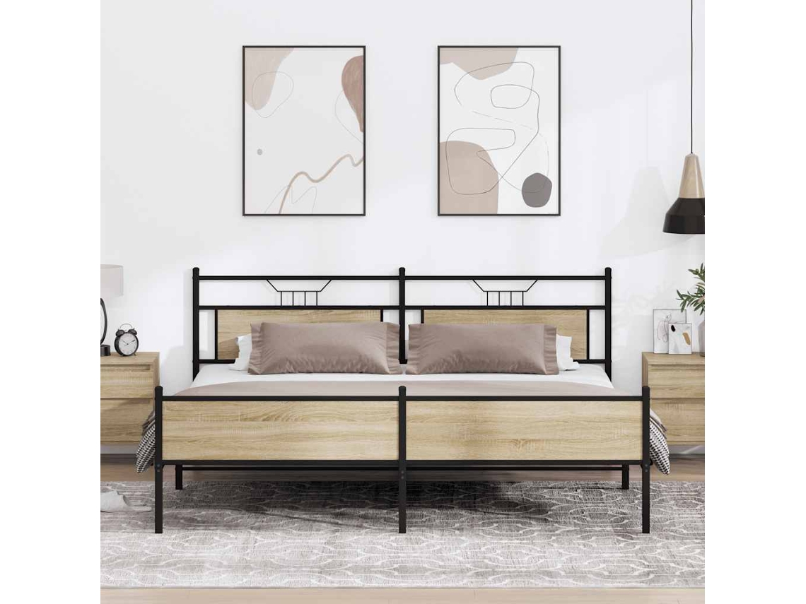 Cama De Casal | Camas Para Quarto | Estrutura De Cama Sem Colchão 193x201cm Metal Carvalho Sonoma