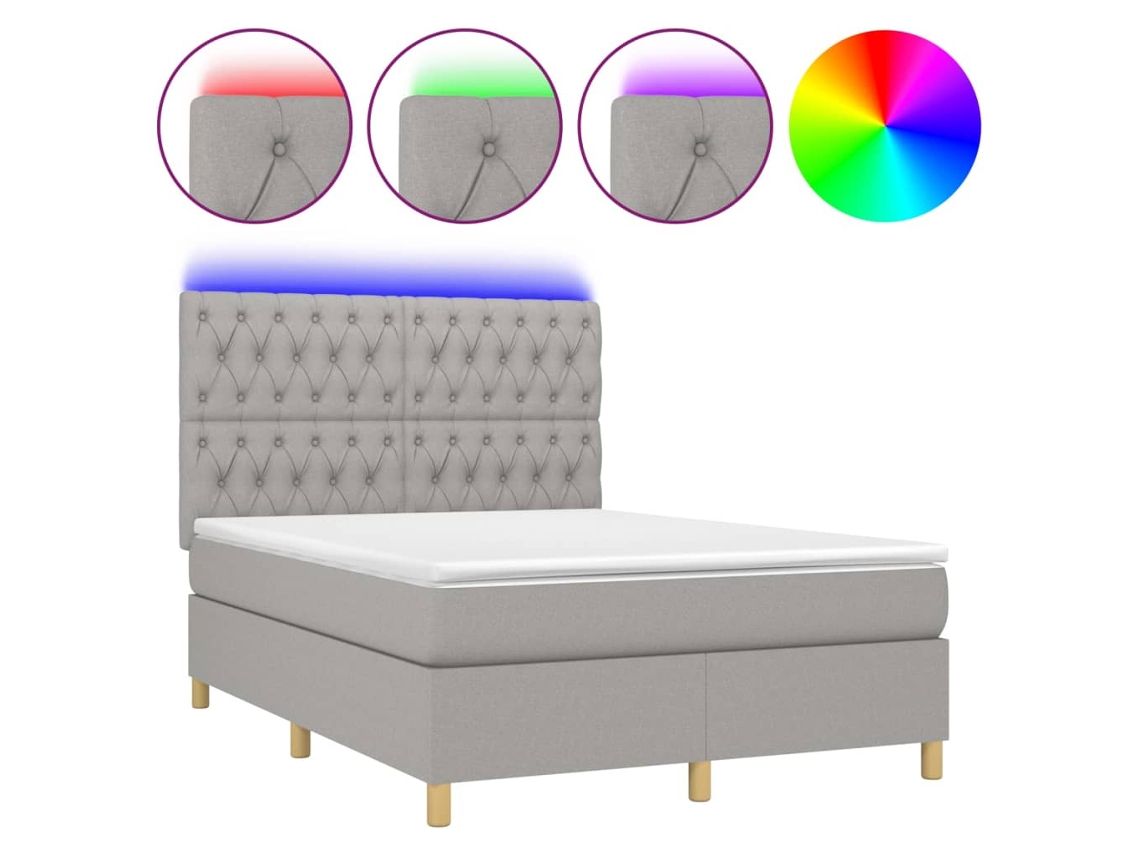Cama Box Spring com Colchão e Led Tecido Cinza Claro MAISON EXCLUSIVE (140x200 cm)
