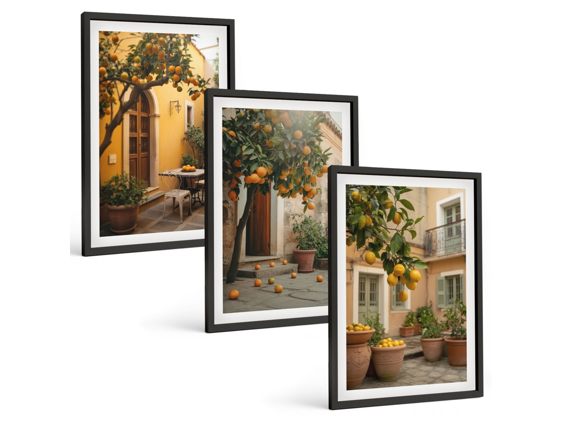 Galeria De Pinturas Murais Jardim, Frutas Cítricas E Sol Moldura Preta Quadros Para A Sala De Estar Espelharte (3 Piezas De 40x60 Cm)
