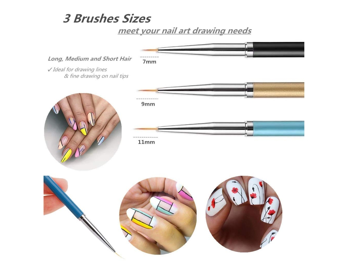 3Pçs Pincéis de Delineador de Arte para Unhas Pincel de Náilon Acrílico  para Pintura em Gel Uv Canetas de Desenho para Pintura de Unhas