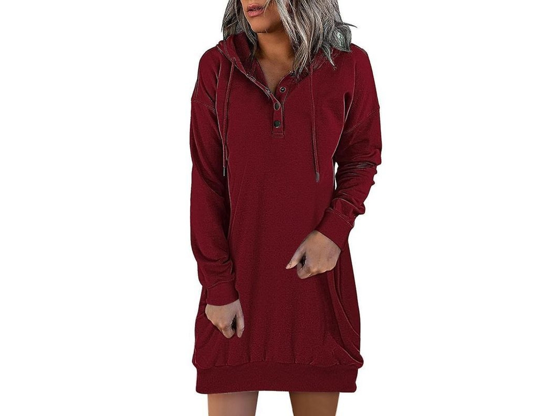 2026-vestido Sudadera Con Capucha Vintage Mujer Otoño Invierno Solido Botones Casual Mini S Borgoña