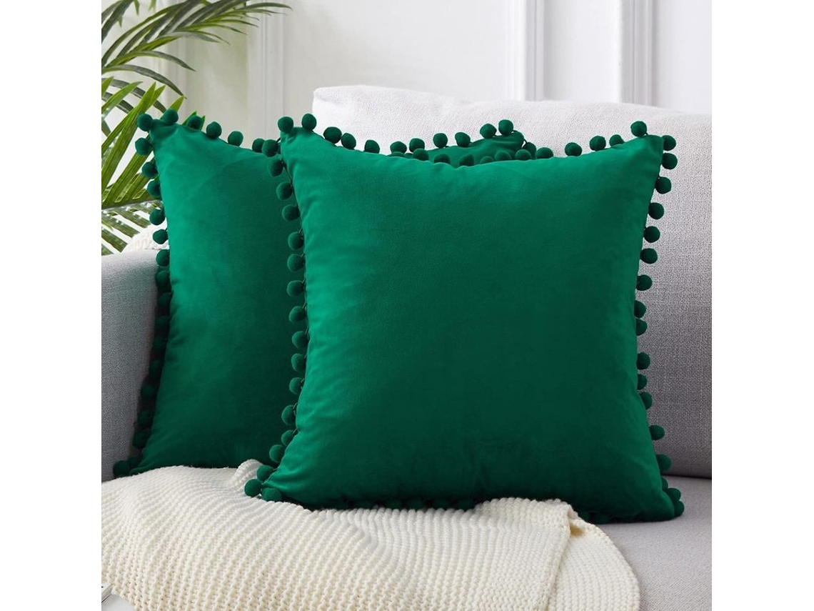2026 funda de Almofada Decorativa de Terciopelo Suave com Pompons 18x18 Polegadas para Sofá, Carro, Quarto Pacote de 2 Verde Escuro