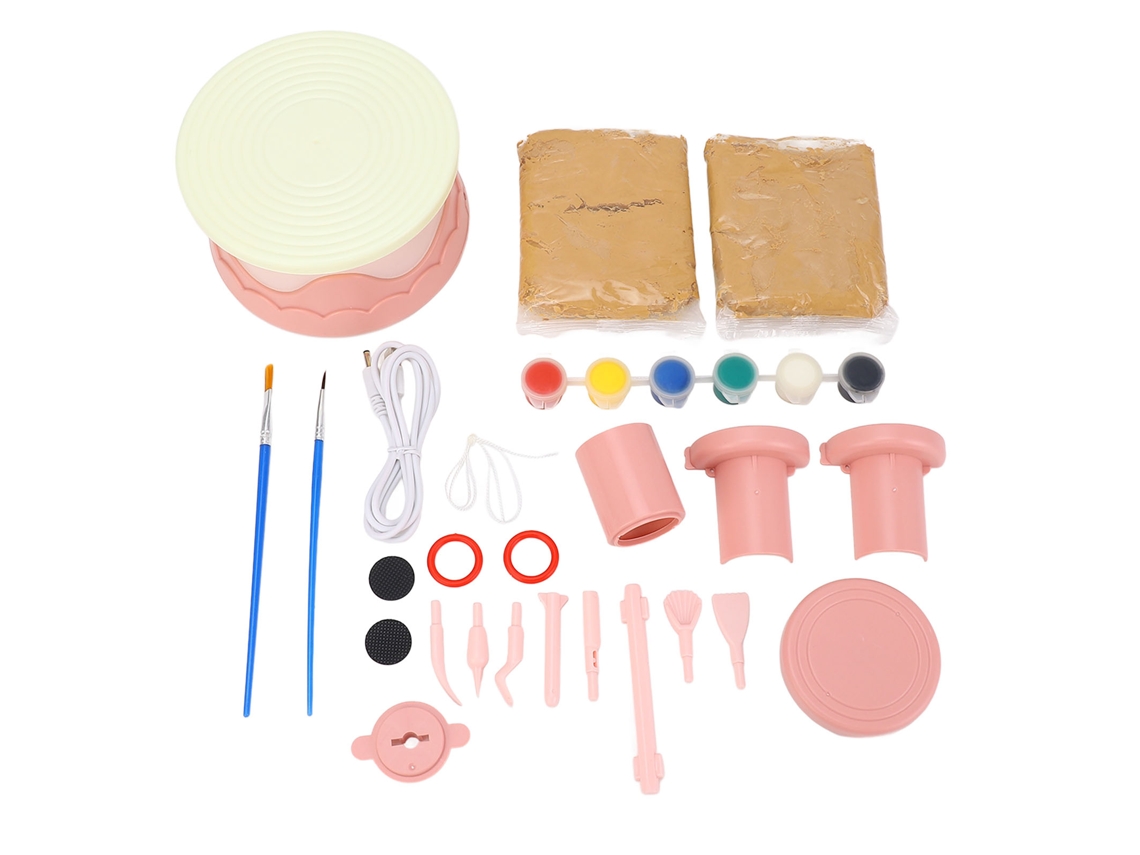 Rodízio De Cerâmica Para Crianças Com Ferramentas E Pintura Conjunto Completo Iniciantes Rosa