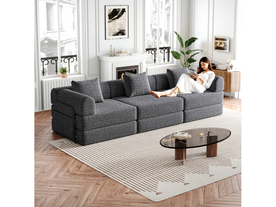 Sofá-cama Chenille 2-em-1 C/ Patente, Braço C/ Armazenamento, 3 Estruturas Metal (réplica). -kd