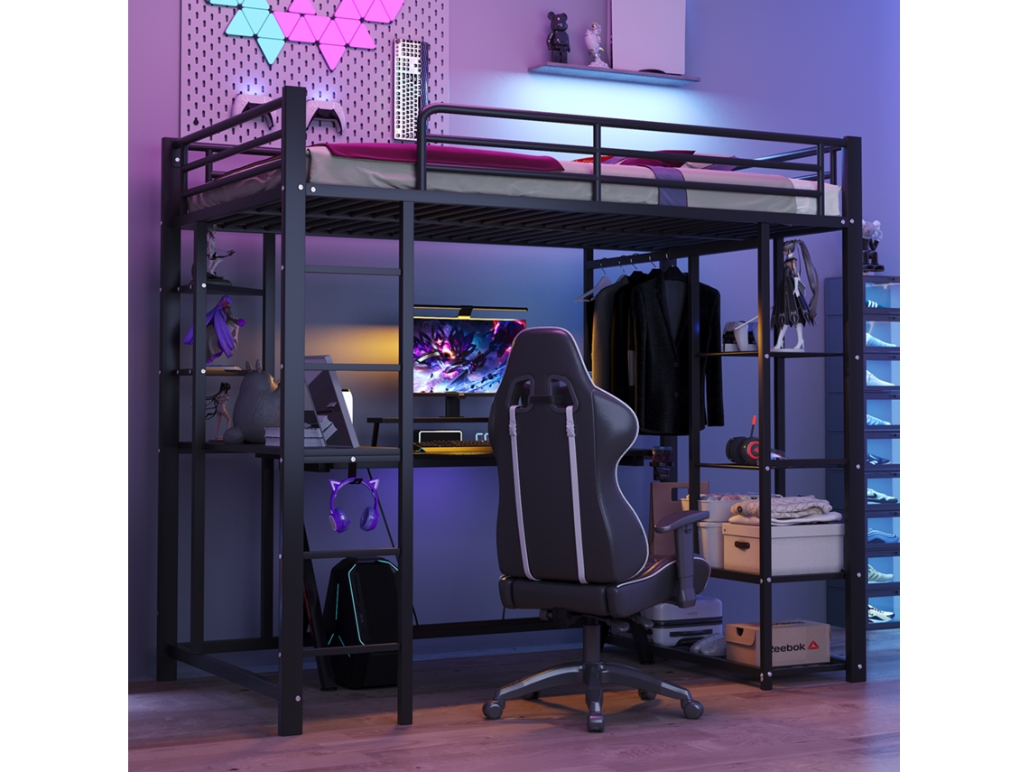 Cama Alta Com Escada 90x200cm Infantil Mesa Prateleiras Preta