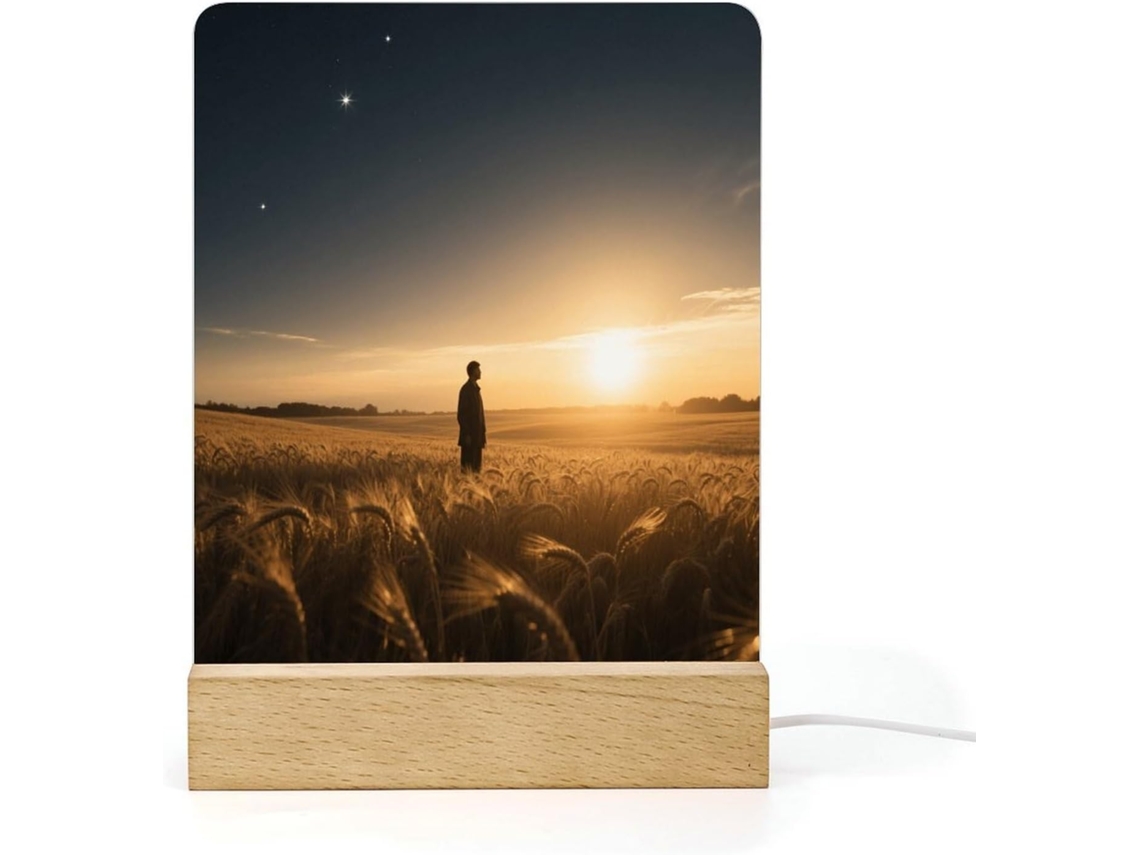 Luminária noturna de LED com base, representando o nascer do sol em um campo de trigo, ideal para banheiro e corredor.