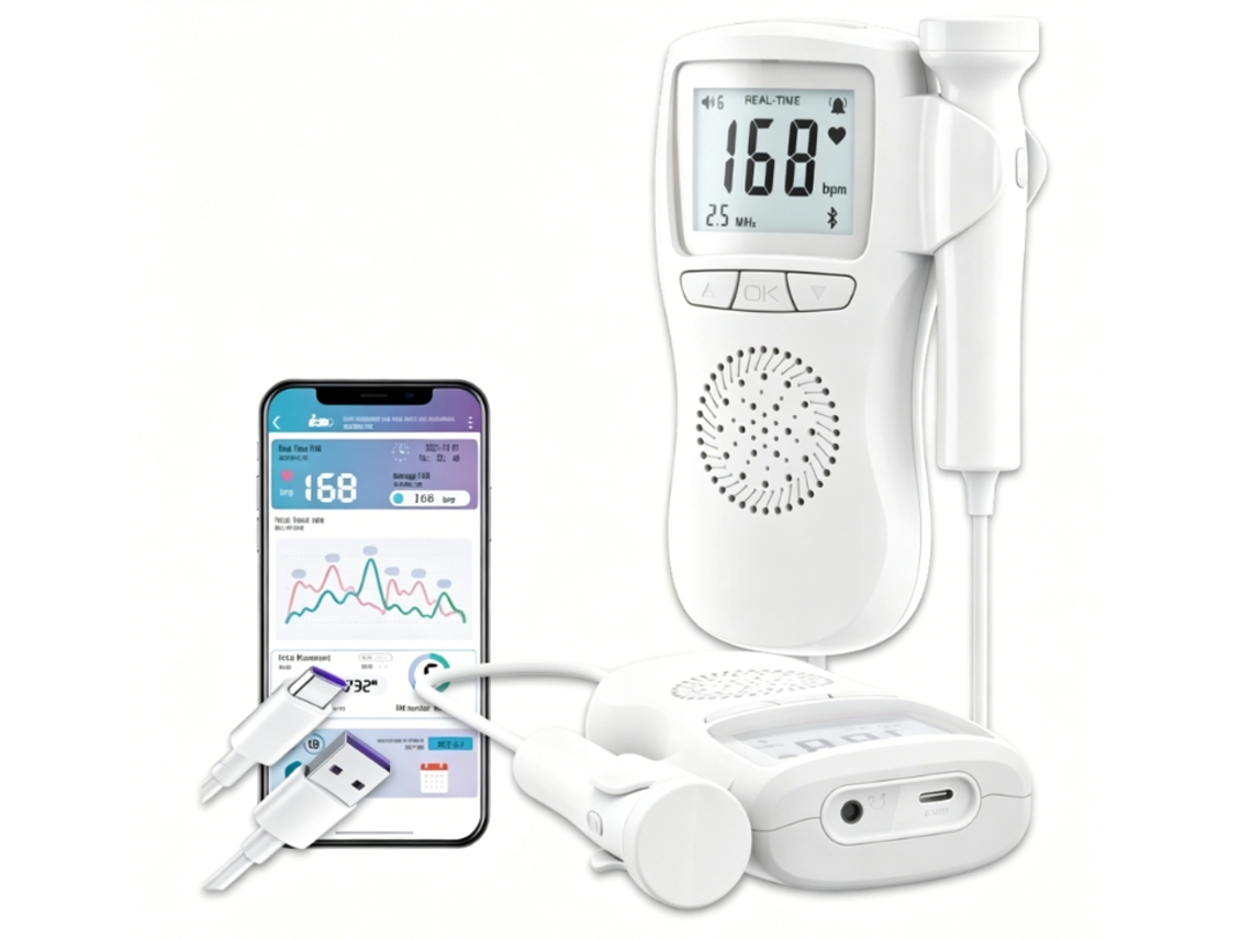 Monitor Fetal Doppler Branco Bluetooth Recarregável Casa Seguro Fácil Operar Mamãe Bebê