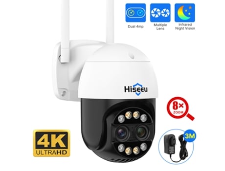 Câmara de Segurança Sem Fio HISEEU 4K 8Mp Lente Dupla Zoom 8X Áudio Bidirecional Visão Noturna Colorida Detecção Humana Rastreamento Automático