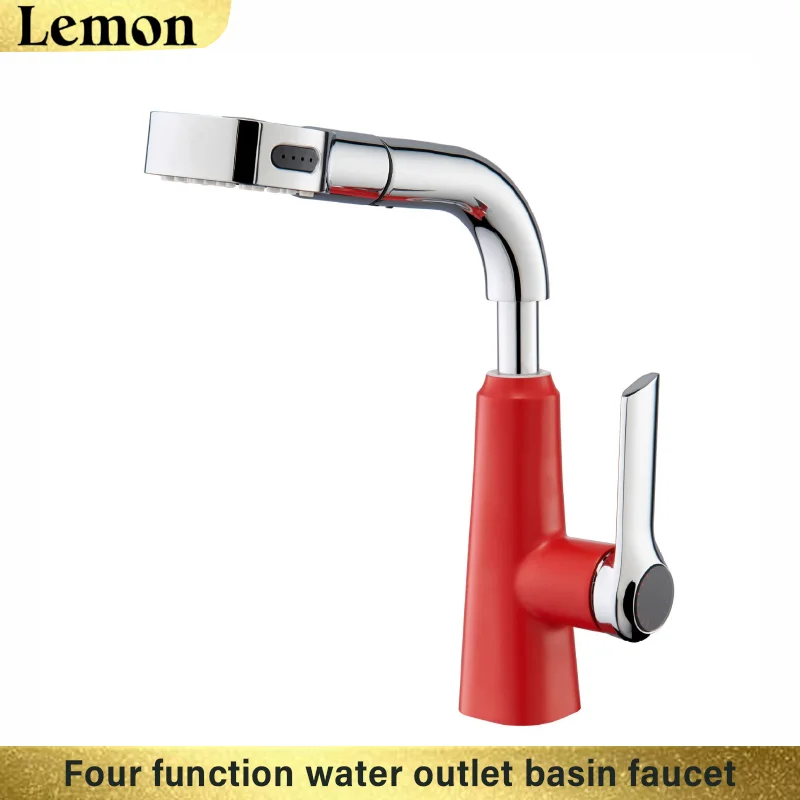 (vermelho G1/2) Torneira Para Lavatório, Chuveiro Retrátil, Misturador De Água Quente E Fria, Rotação De 360°.