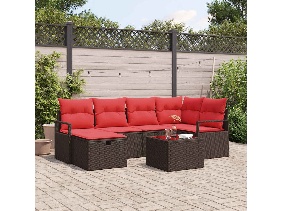 Vidaxl Conjunto De Sofás Com Almofada 7 Pcs Marrom E Vermelho Vime Pe