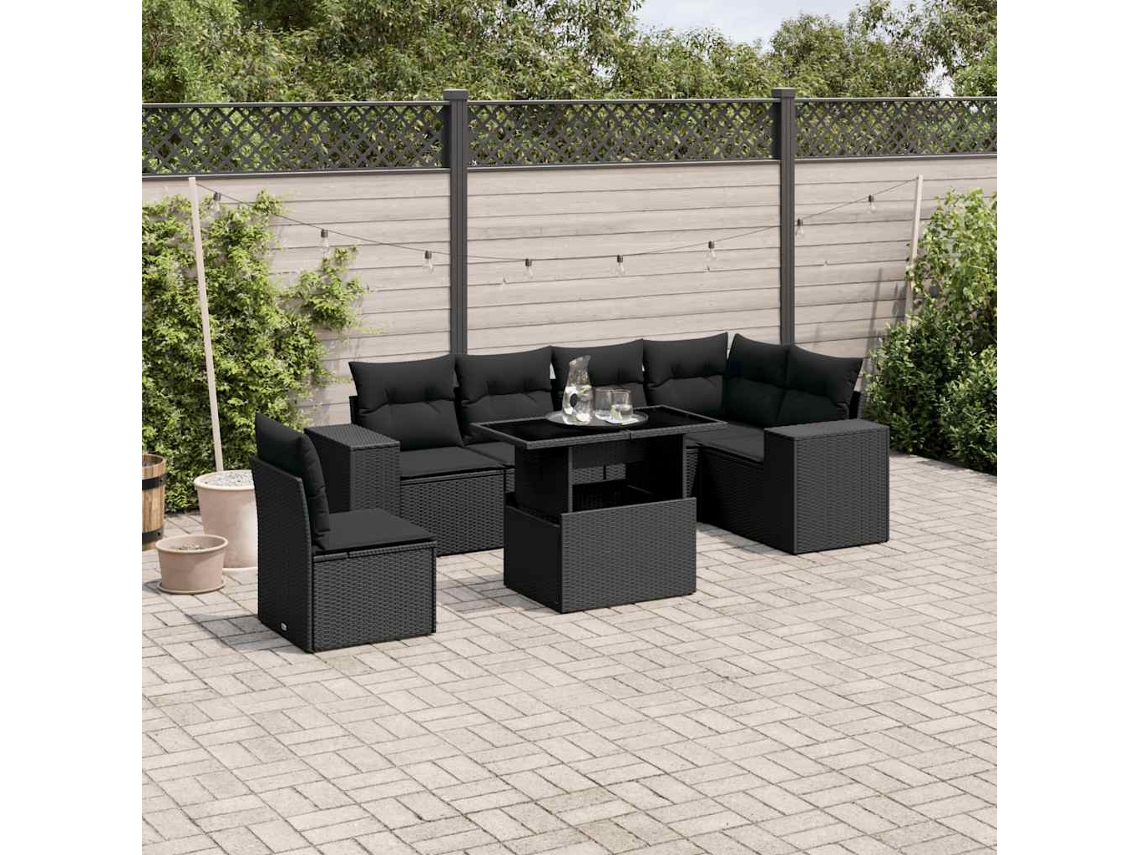 7 Pcs Conjunto De Sofás P/ Jardim C/ Almofadões Vime Pe Preto Dkd Home Decor