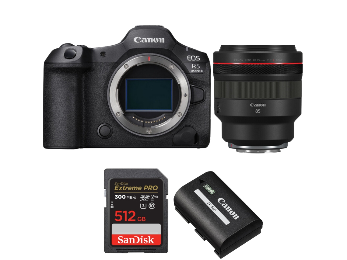 Eos R5 Mark Ii + Rf 85mm F/1.2 L Usm + 1 Sandisk 512gb Uhs ii 300mb/s + 1 Canon Lp e6p + Ebook “20 Dicas para Fotos Que Impressionam” CANON