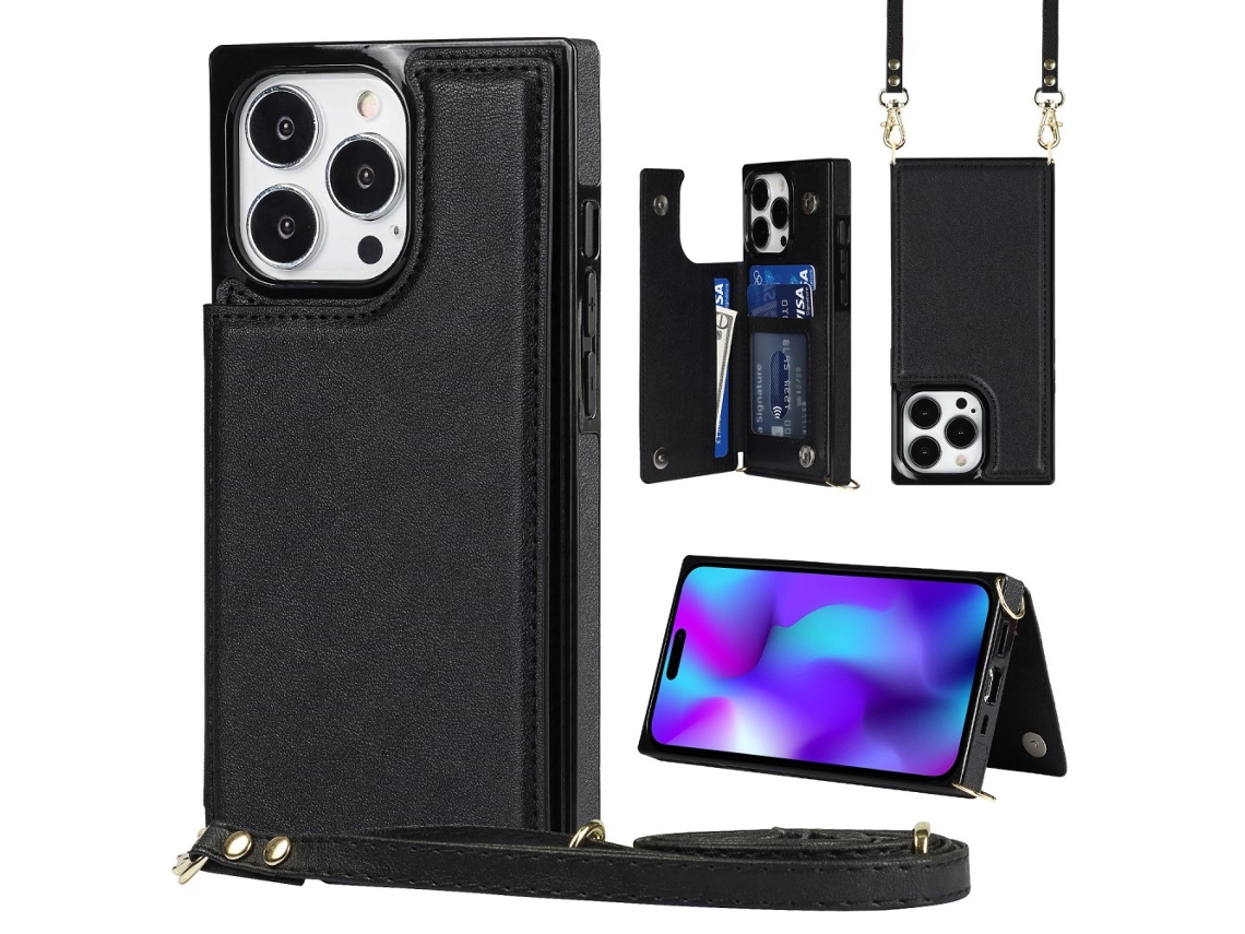 Suporte Casa Bloqueio Rfid Para Iphone 15 Pro Pele Sintética Com Porta-cartões Preto
