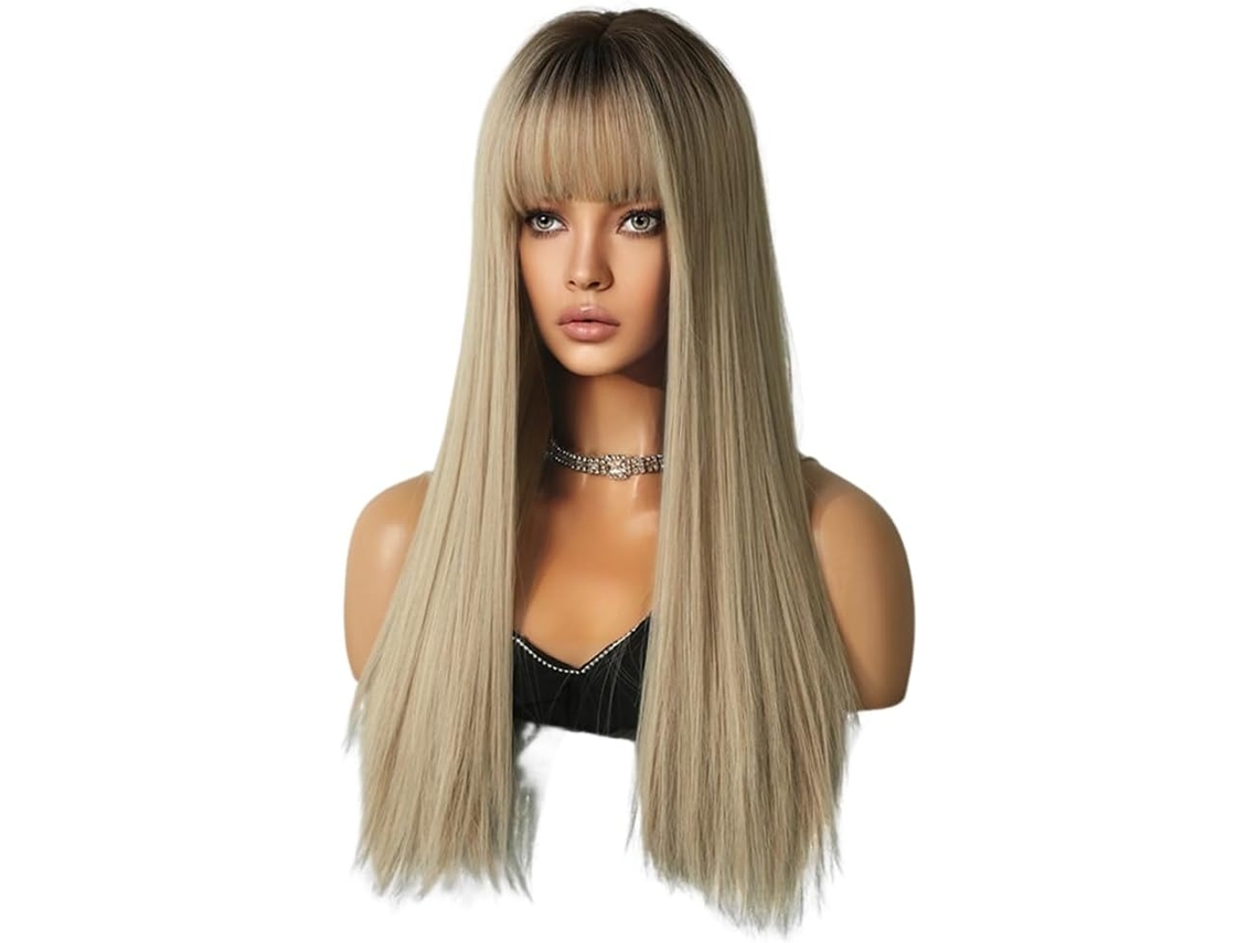 Peruca para Cosplay, Cabelo Loiro Champanhe com Mechas Castanhas, 64 Cm, Estilo Europeu e Americano, Cabelo Longo e Liso. SFUSHOS