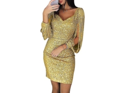 Vestido de Sequin para Mulher, Decote V, Mangas Longas, Tassel, Curto, Brilho, S/MARCA
