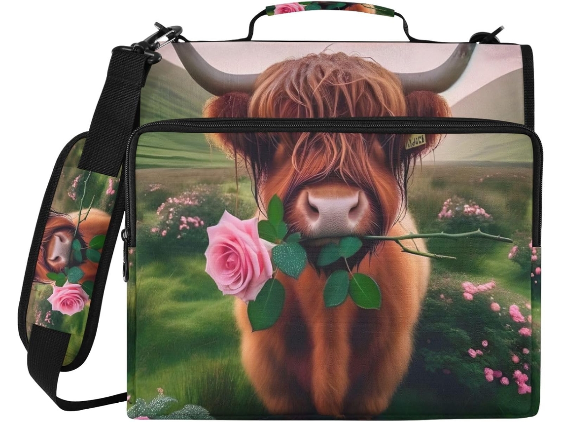 Organizador de bolsa com 3 argolas, design retrô de vaca e flor, zíper para data, à prova d'água e com carteira.