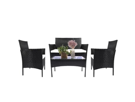 Conjunto De Mobiliário De Jardim Em Vime Racingreat Preto (2 Poltronas 1 Sofá De Assento Duplo 1 Mesa)