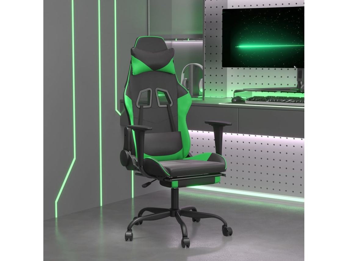 Cadeira Gaming C/ Apoio Pés Couro Artificial Preto E Verde