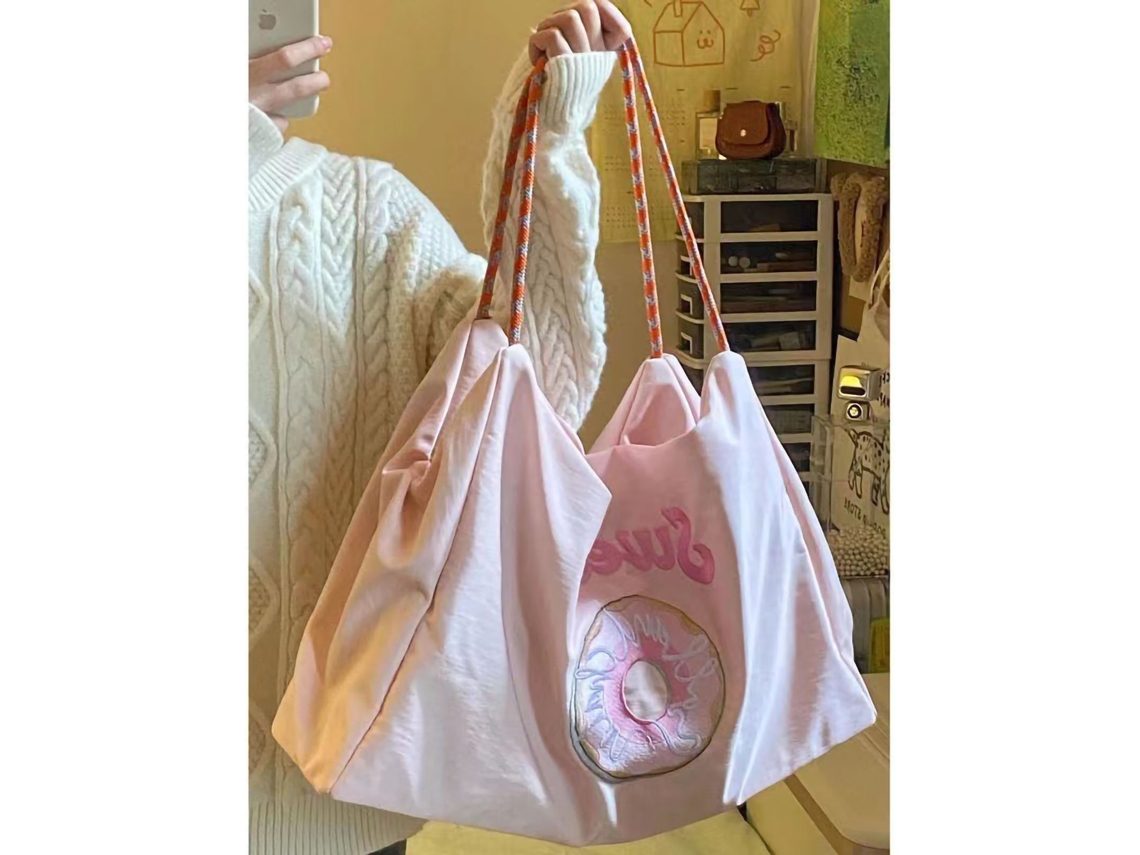 Bolsa Tote Feminina de Ombro, Bordada, Nylon, Casual, Grande Capacidade, Rosa S/MARCA