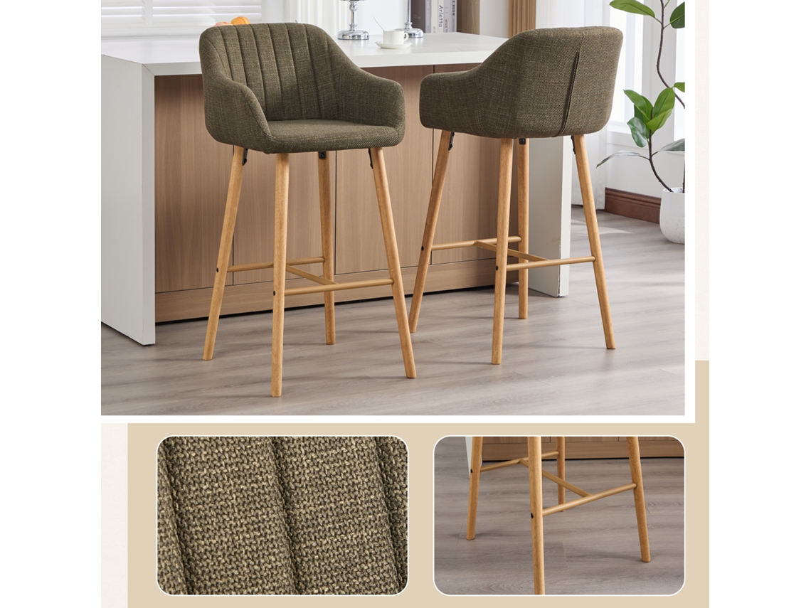 Banquetos Europeus Modernos, Encosto Alto, Braços, Assentos De Linho, Pés De Madeira. Para Cozinhas E Ilhas. Conjunto De 2 (linho Verde).