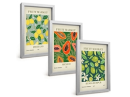 Conjunto De Pinturasestampas De Frutas, Limões E Mamões Moldura Prateada Quadros Para A Sala De Estar Espelharte (3 Peças 20x30 Cm)