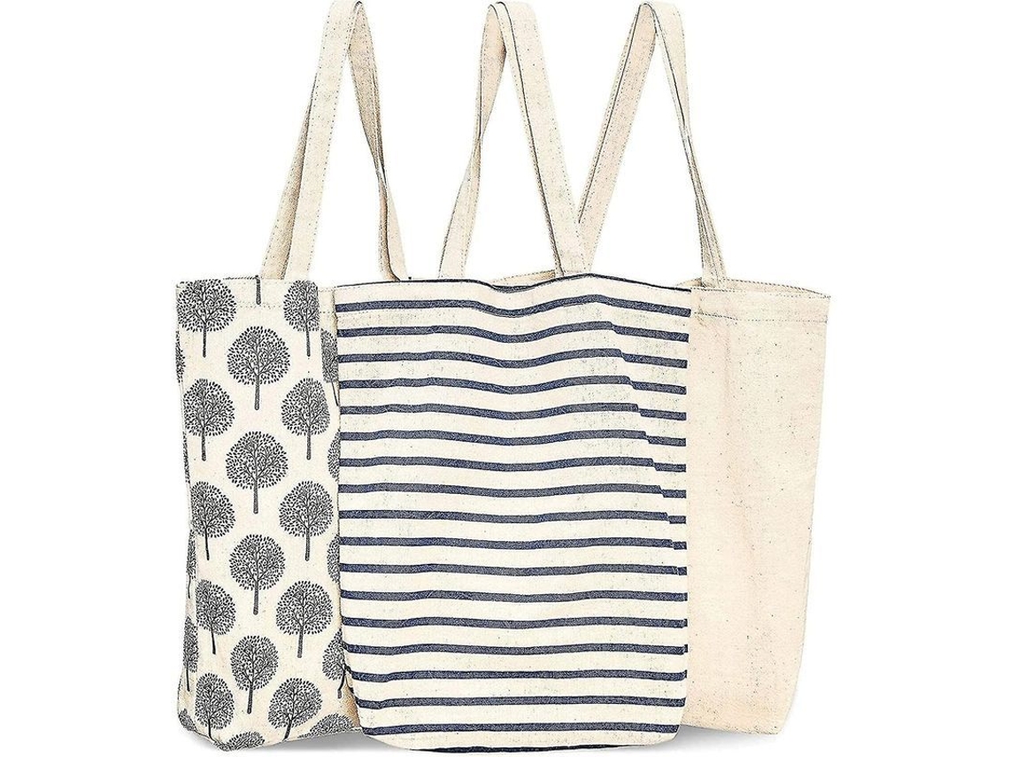 3 Bolsas De Algodón Reutilizables Para Compras, 3 Diseños, 15x16,5x3,7 Polegadas