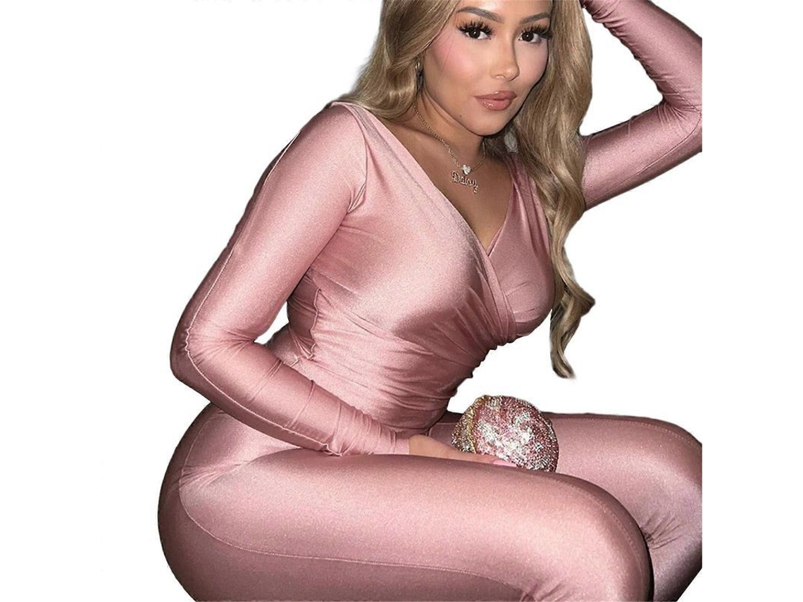 Conjunto De Esporte Casual Com Blusa De Gola V E Calça De Cintura Alta Para Mulher Cinza-rosado Pálido