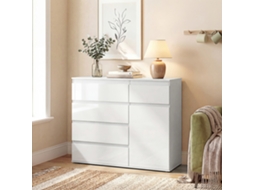 Aparador de Sala com 5 Gavetas Prateleiras Ajustáveis e Porta Fecho Suave 100x40x80 Cm Branco Brilhante