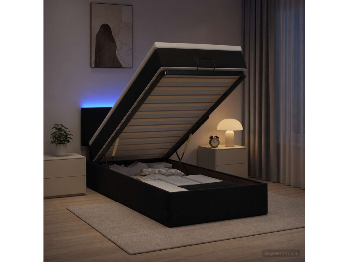 Vidaxl Cama Ottoman Com Colchão E Led Preto 90 X 190 Cm Veludo