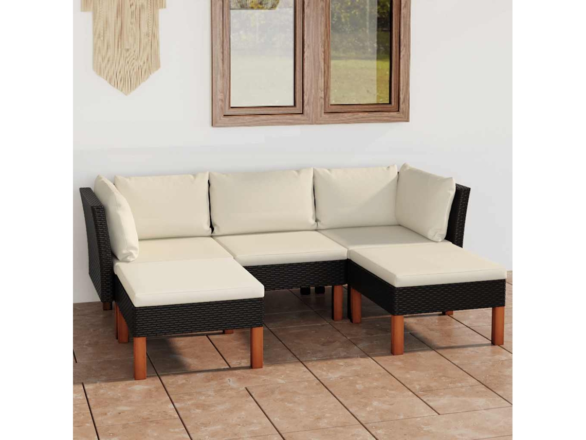 Vidaxl 5 Pcs Conjunto Lounge De Jardim C/ Almofadões Vime Pe Preto