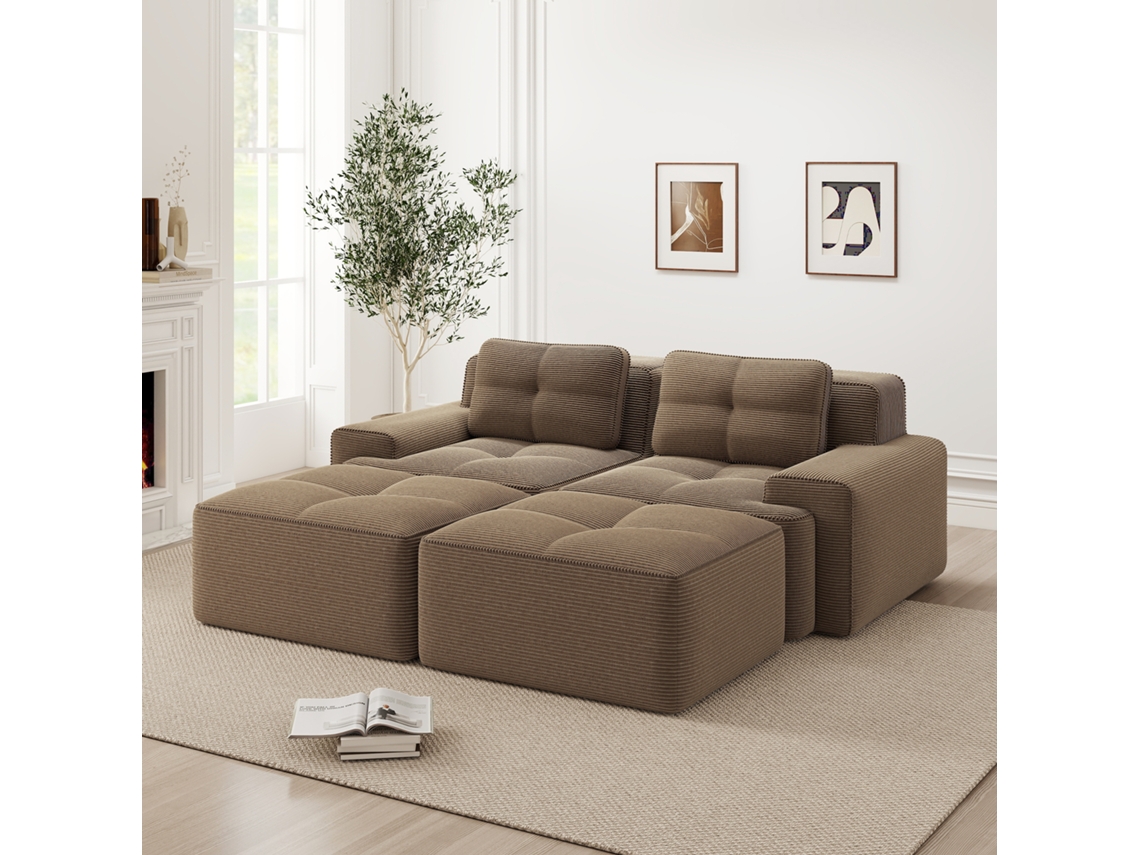 Sofá Modular U Marrom, Cloud Veludo Cotelê, Com Puff, 2l Assento Profundo, Sem Montagem.-kd