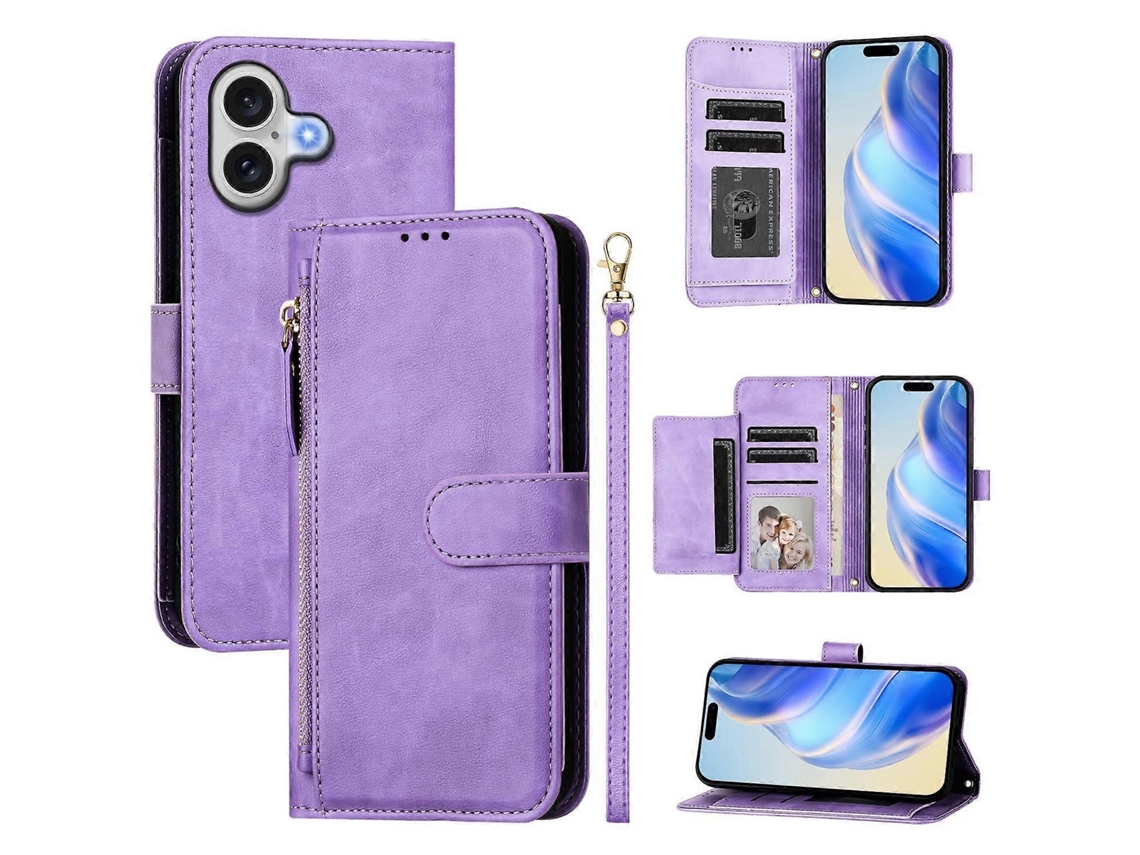 Capa Para Iphone 17 Com Zíper, Vários Compartimentos Para Cartão E Revestimento Em Couro Pu, Roxo