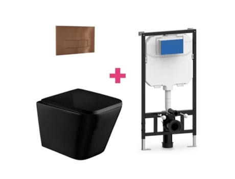 Conjunto de vaso sanitário suspenso de cerâmica preta fosca Aquore com cisterna retangular de cobre e botão de descarga