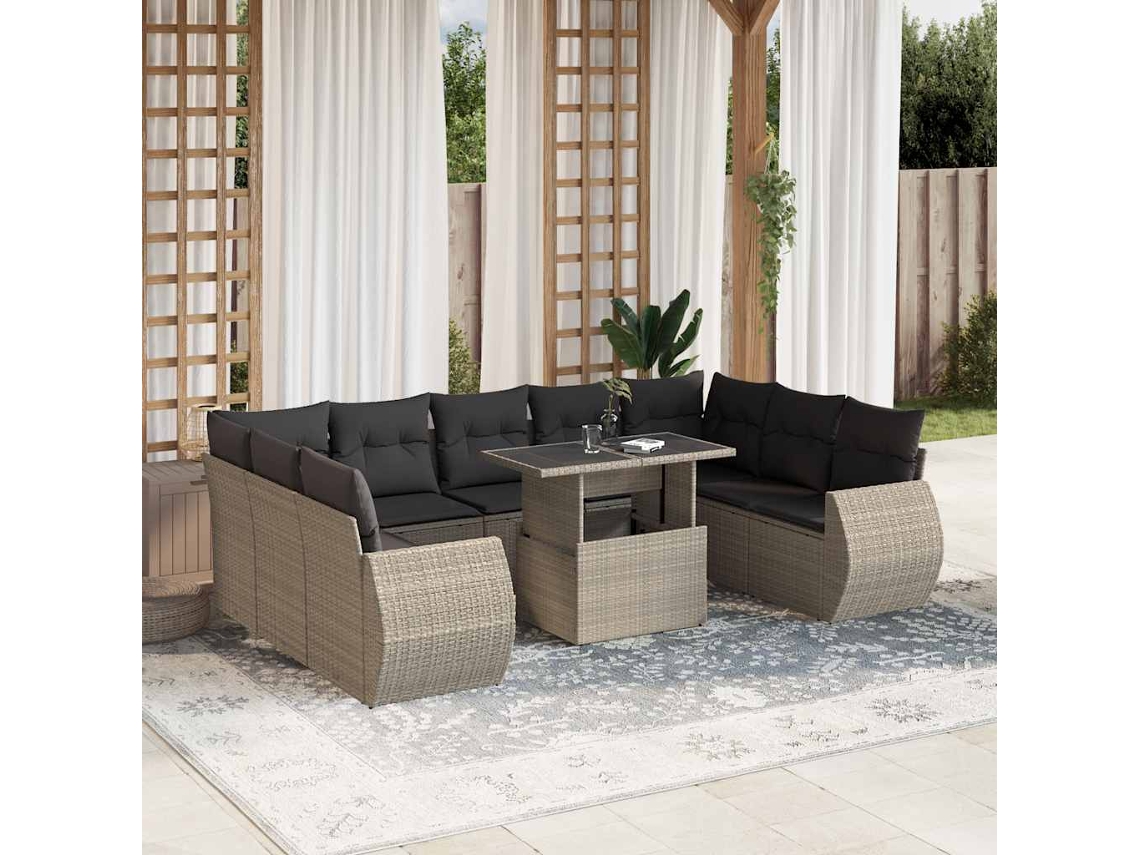 Vidaxl 10 Pcs Conj. Sofás Jardim Com Almofadões Vime Pe Cinzento-claro