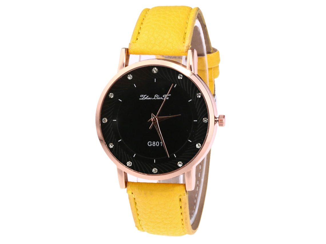 Relógio de Pulso de Quartzo Unissex com Pulseira de Couro Pu e Strass Decoração Amarelo