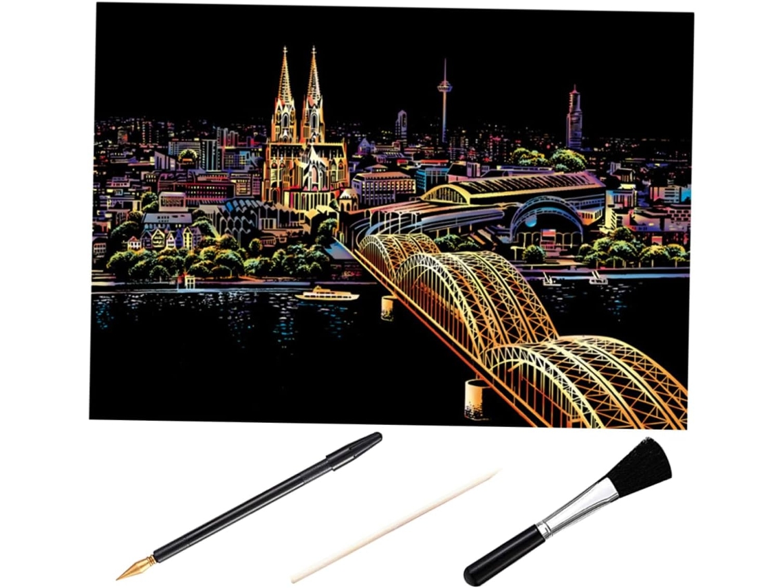 Kit De Pintura Raspada Com Caneta, Papel E Pincel Banhados A Ouro, 4 Peças, Imagem Noturna Para Decorar Sua Casa Ou Mesa