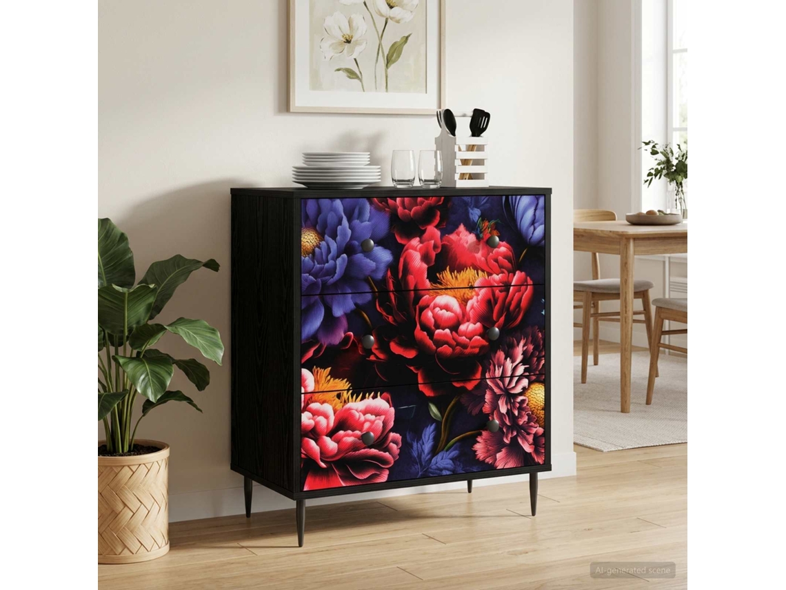 Vidaxl Baú De Gavetas Kiel Estampa De Peônia Escura 66 X 36,5 X 76 Cm